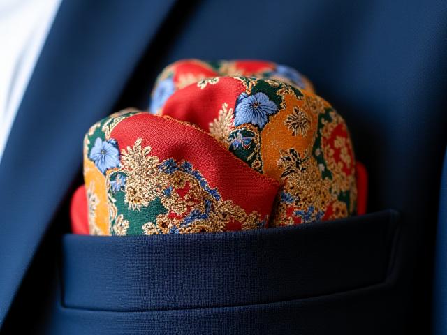 鮮やかな日本の文様をあしらったシルク製ポケットチーフ